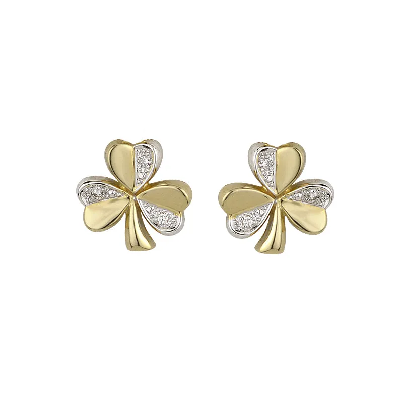 14K Two Tone Diamond Shamrock Stud Earrings