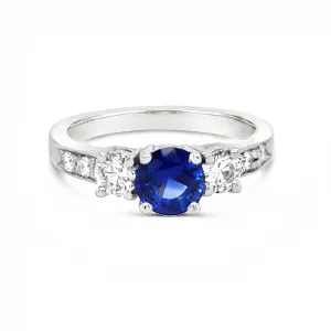 14k White Gold Round Blue Sapphire and Diamond Three Stone Ring (1.14ct.)