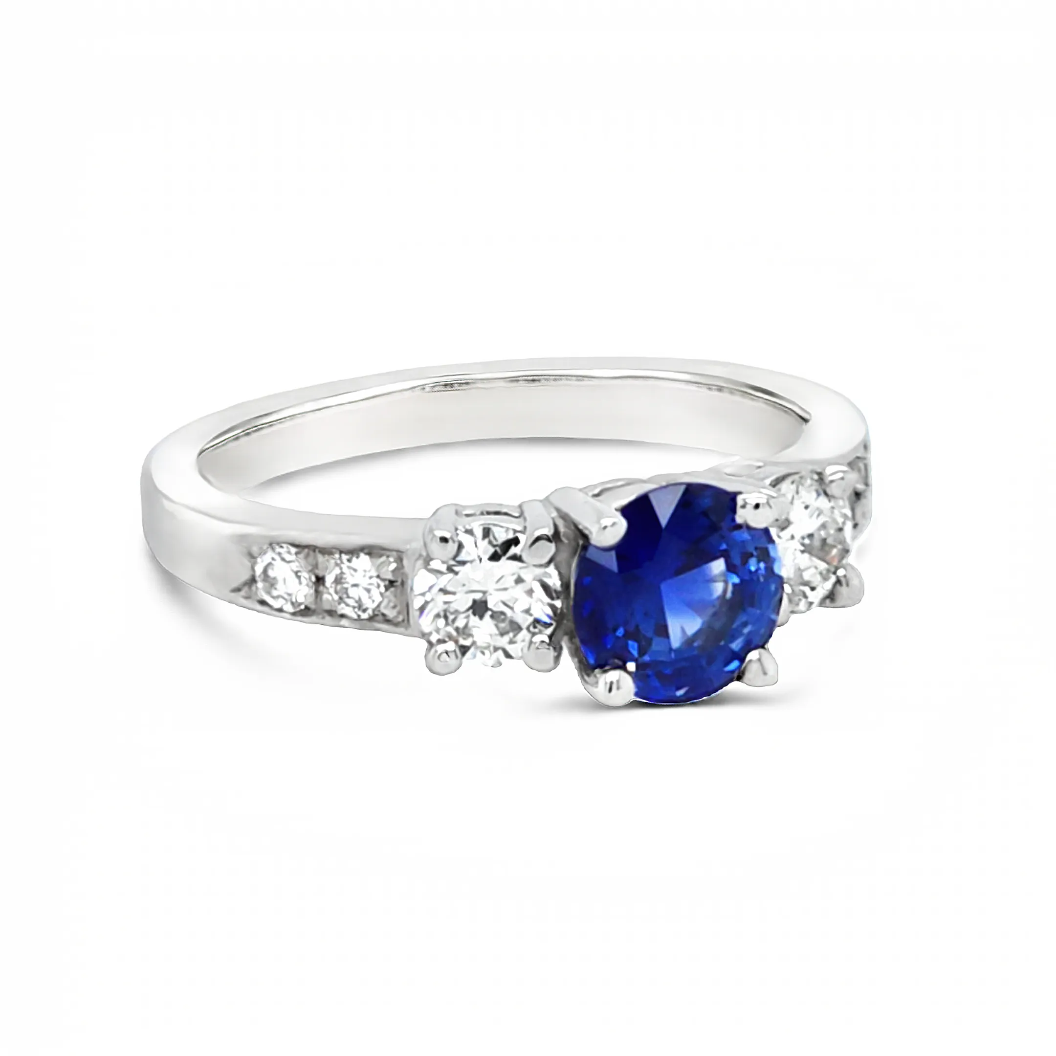 14k White Gold Round Blue Sapphire and Diamond Three Stone Ring (1.14ct.)