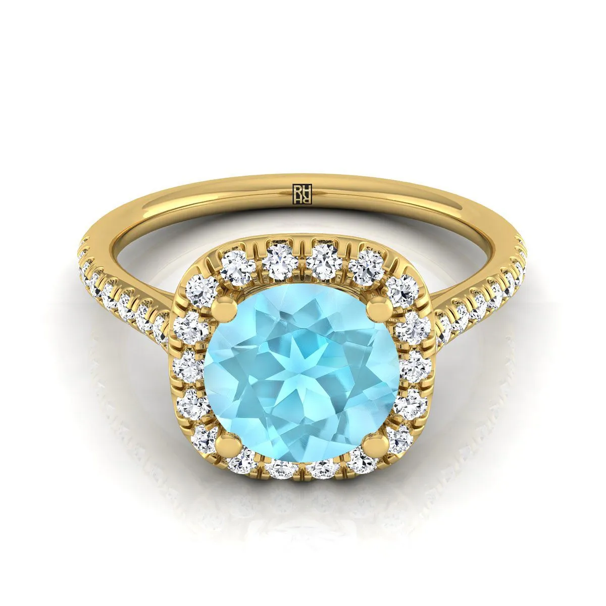 14K Yellow Gold Round Brilliant Aquamarine Simple Prong Set Halo Engagement Ring -1/3ctw