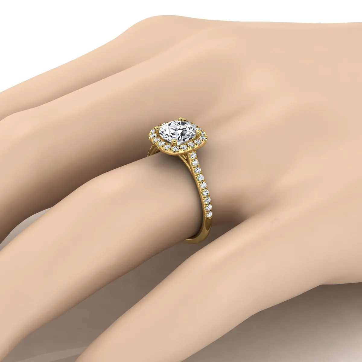 14K Yellow Gold Round Brilliant Aquamarine Simple Prong Set Halo Engagement Ring -1/3ctw