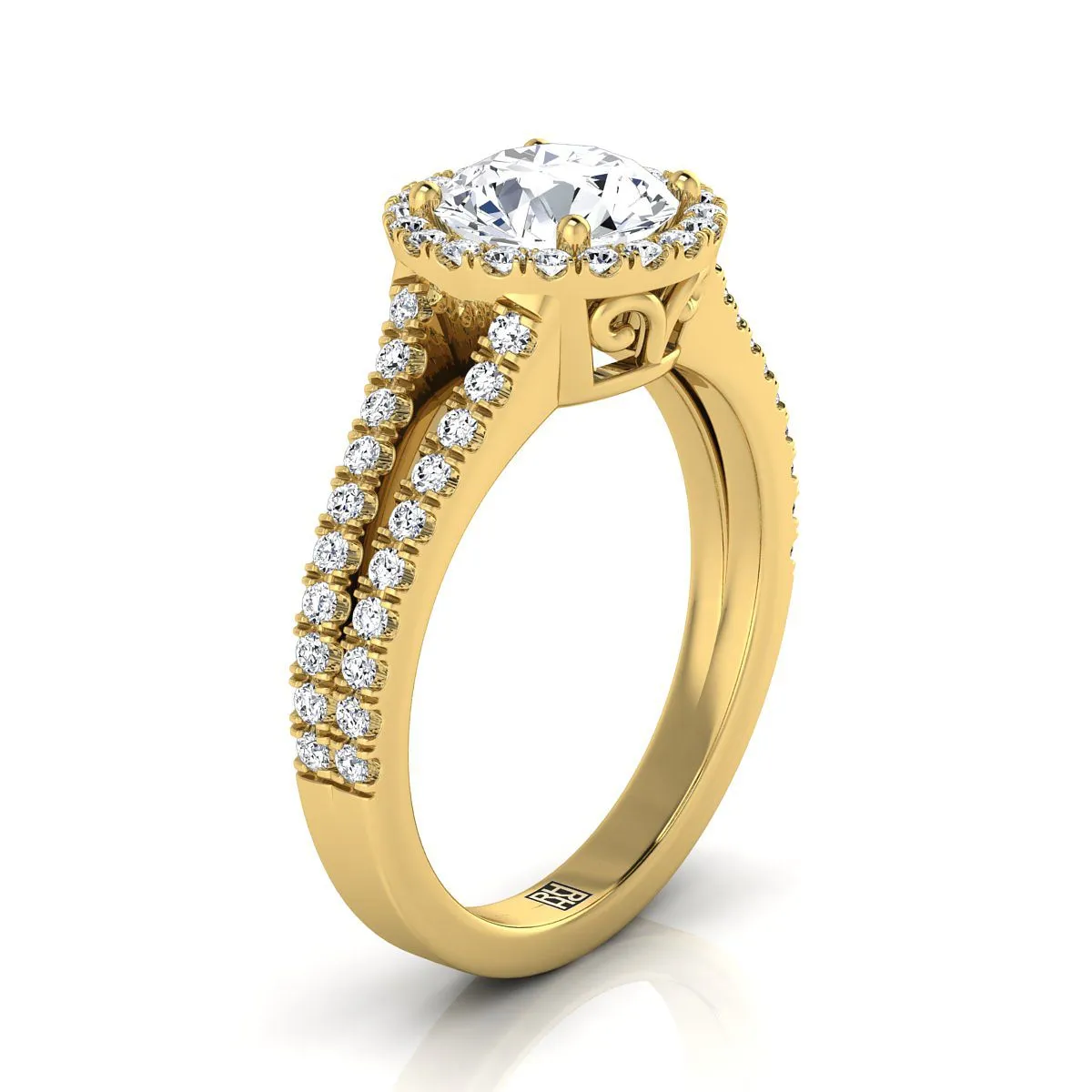 14K Yellow Gold Round Brilliant Garnet Halo Center with French Pave Split Shank Engagement Ring -3/8ctw