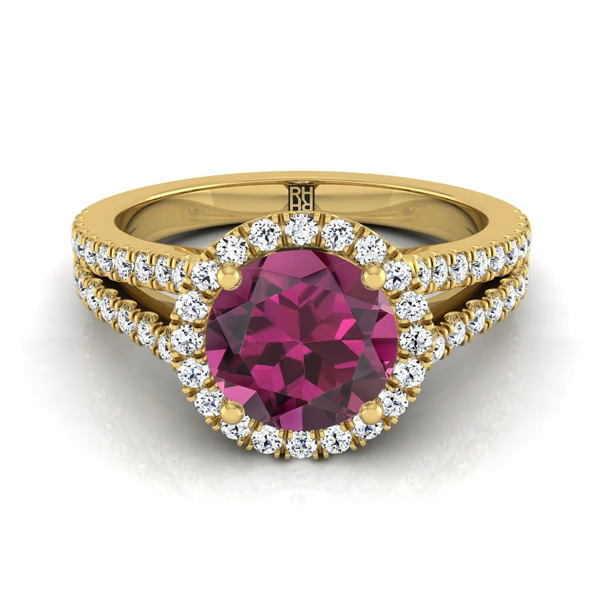14K Yellow Gold Round Brilliant Garnet Halo Center with French Pave Split Shank Engagement Ring -3/8ctw