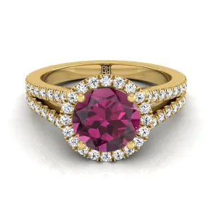 14K Yellow Gold Round Brilliant Garnet Halo Center with French Pave Split Shank Engagement Ring -3/8ctw