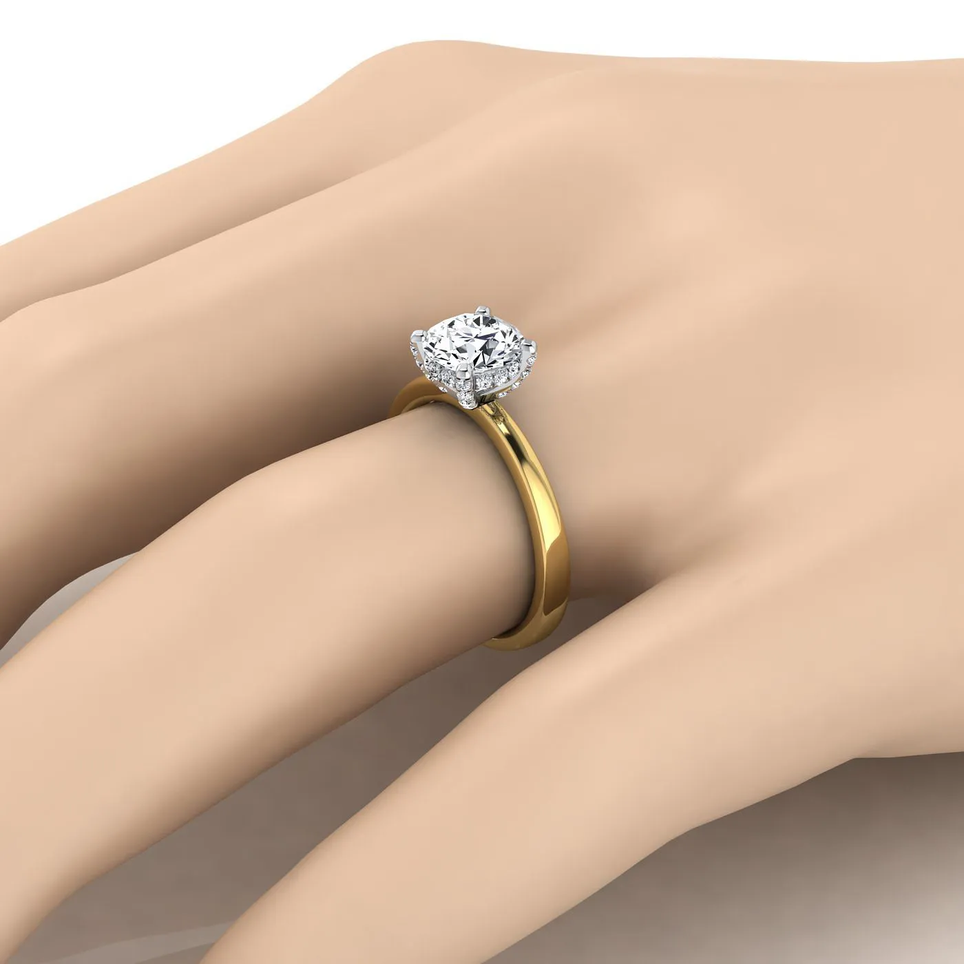 18K Yellow Gold Round Brilliant Diamond Hidden Pave Basket Crown Solitaire Engagement Ring -1/10ctw