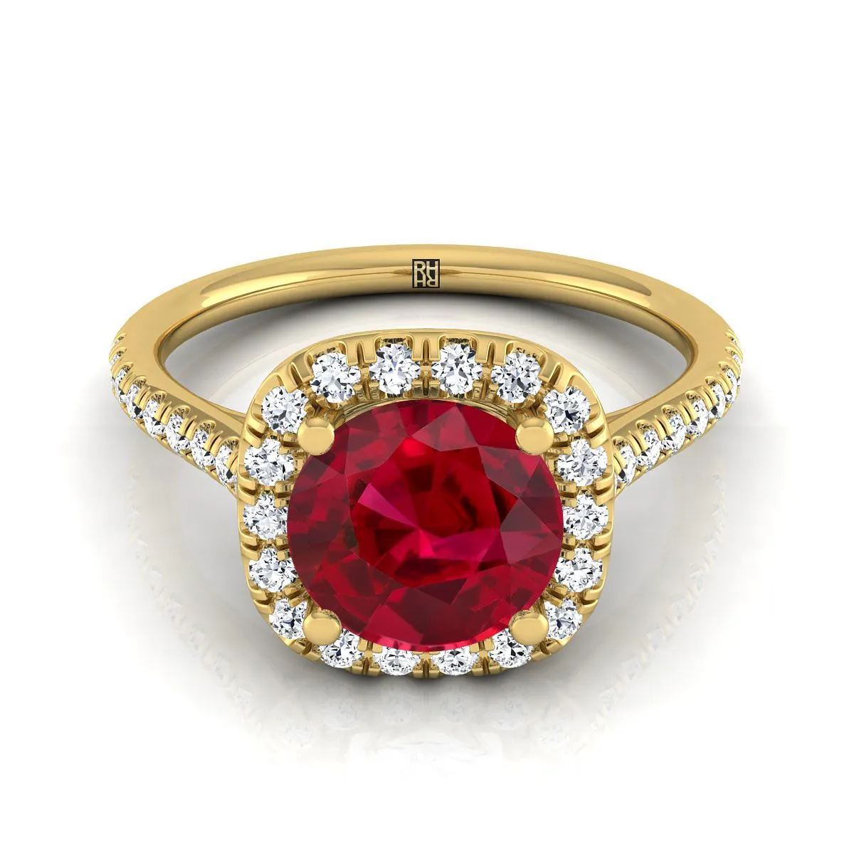 18K Yellow Gold Round Brilliant Ruby Simple Prong Set Halo Engagement Ring -1/3ctw
