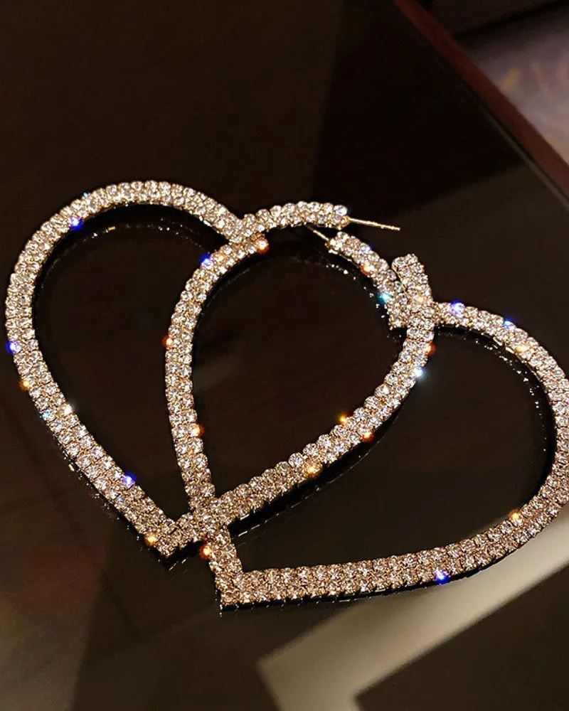 1Pair Allover Rhinestone Heart Shaped Hoop Earrings