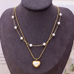316L Stainless Steel Hot French Elegant Pearl Gentle Love Double-layer Pendant Necklace For Women
