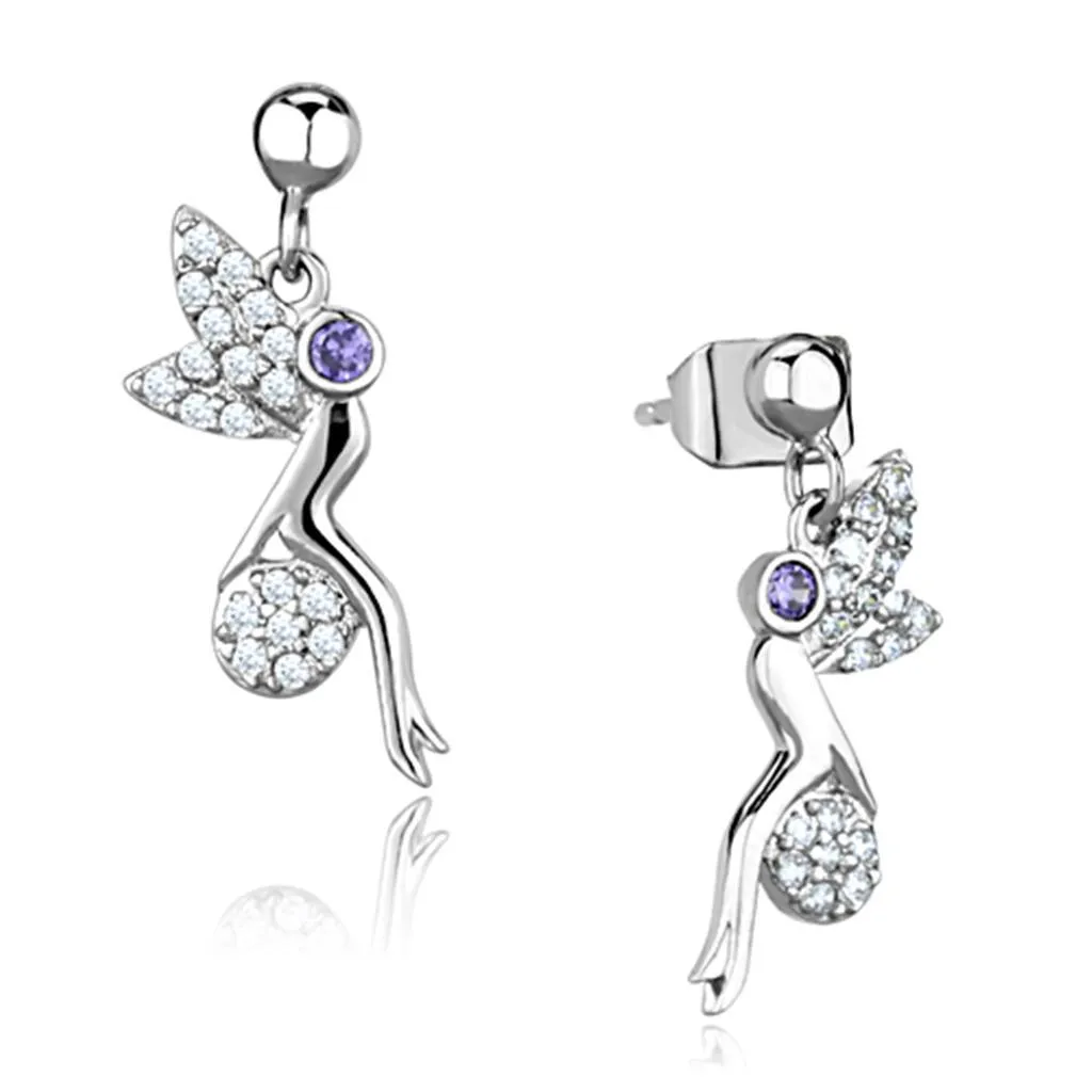 3W670 - Rhodium Brass Earrings with AAA Grade CZ  in Amethyst