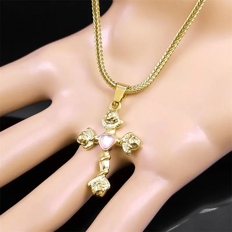 Aesthetic Cross Rose Flower Necklace for Women Men Gold Color