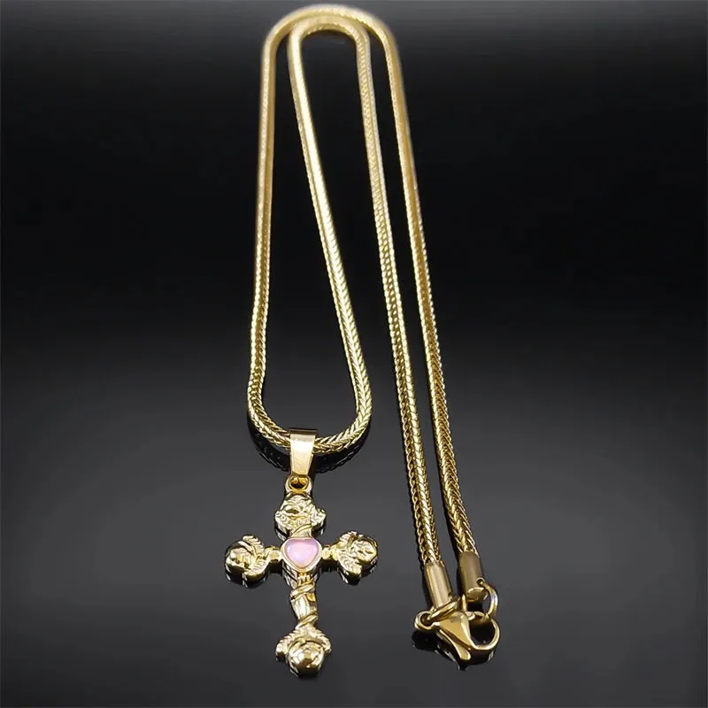 Aesthetic Cross Rose Flower Necklace for Women Men Gold Color
