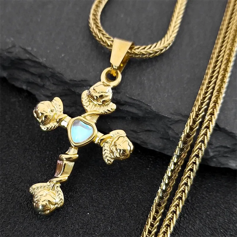 Aesthetic Cross Rose Flower Necklace for Women Men Gold Color