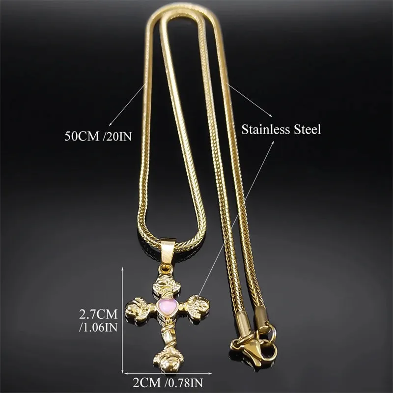 Aesthetic Cross Rose Flower Necklace for Women Men Gold Color