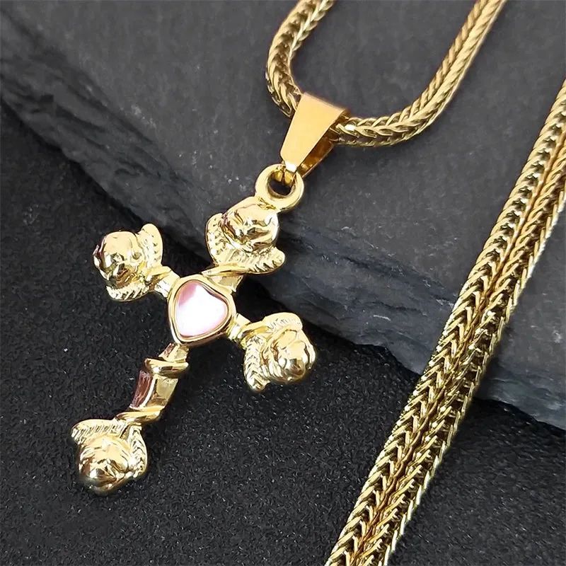 Aesthetic Cross Rose Flower Necklace for Women Men Gold Color