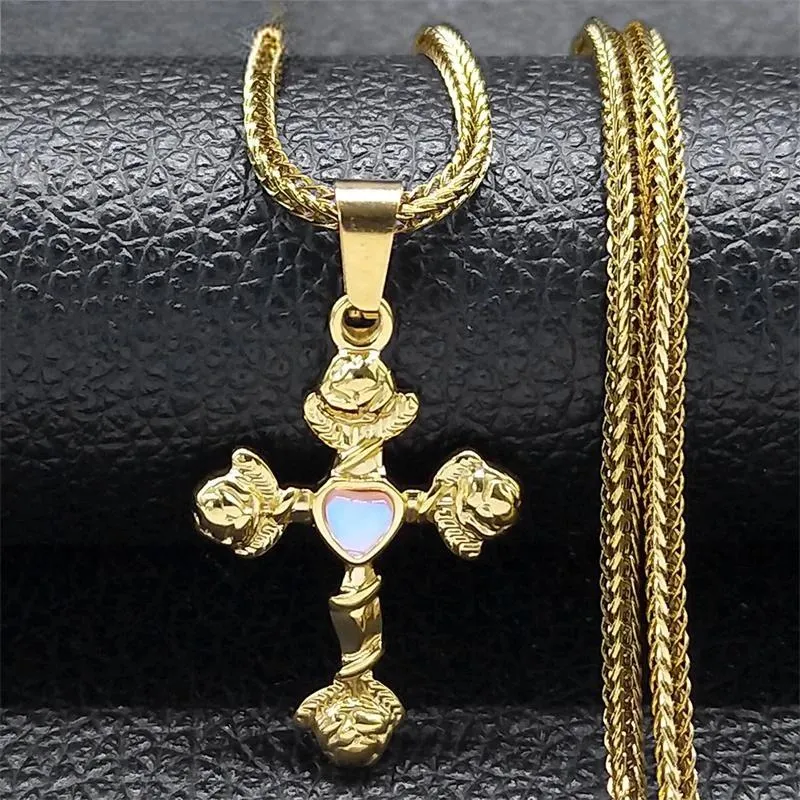 Aesthetic Cross Rose Flower Necklace for Women Men Gold Color