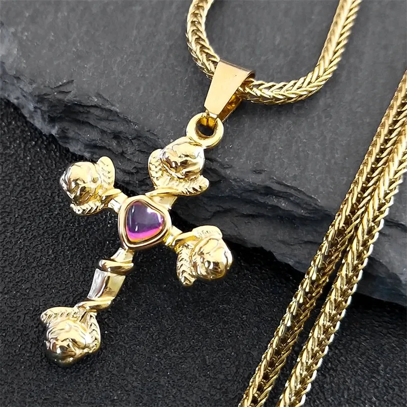 Aesthetic Cross Rose Flower Necklace for Women Men Gold Color