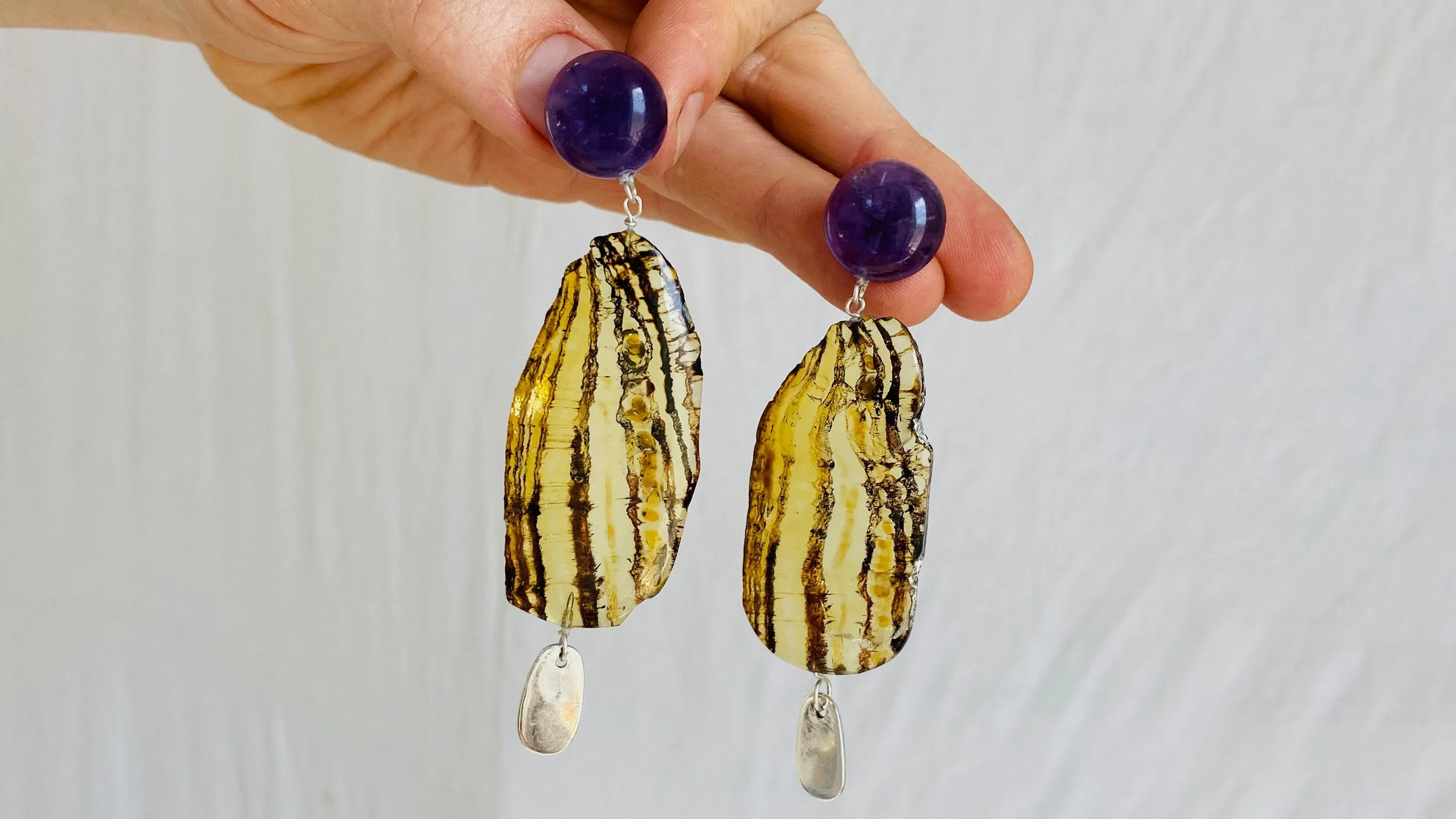 Amethyst & Amber Drop Earrings. Sterling Silver