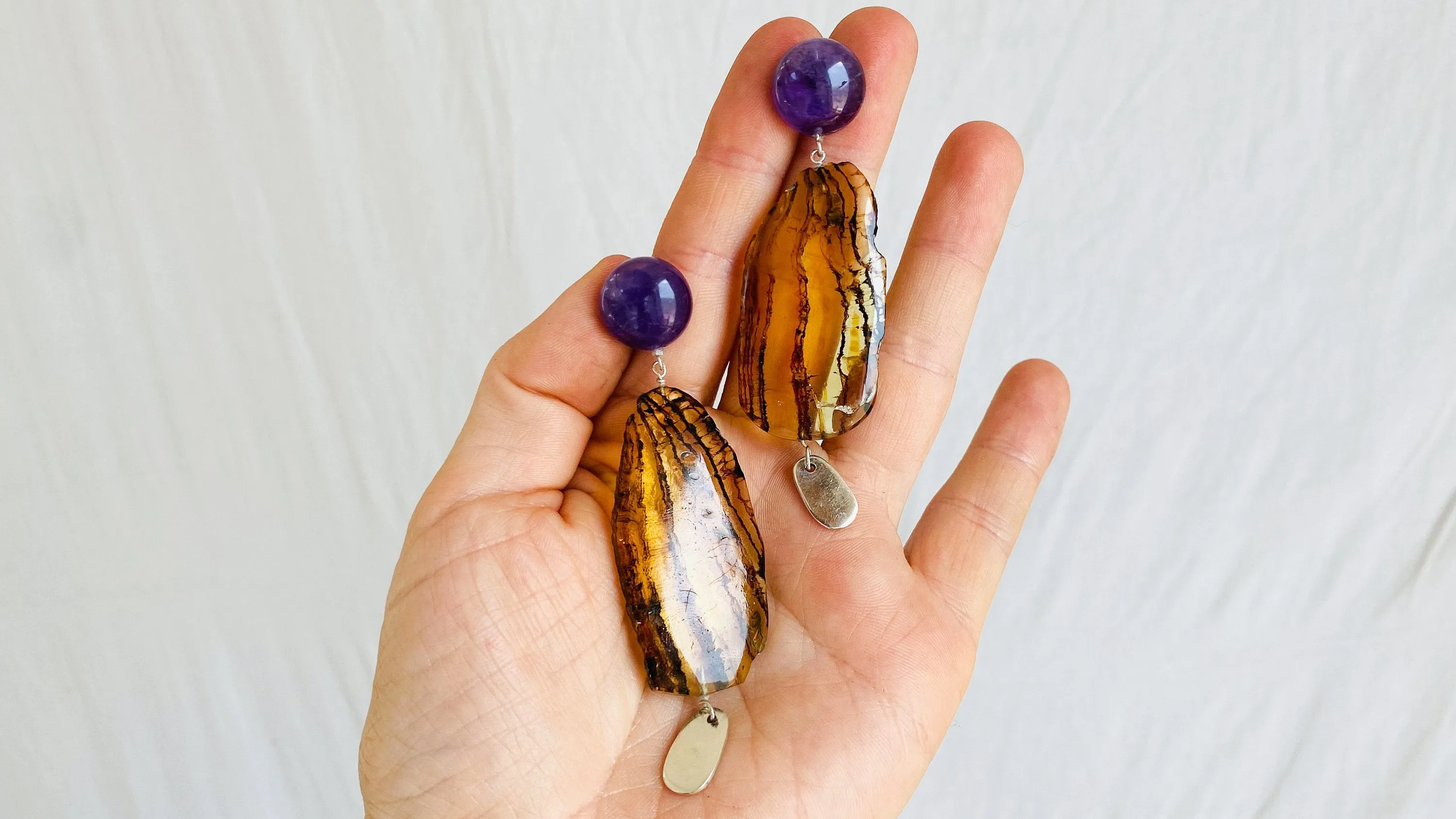 Amethyst & Amber Drop Earrings. Sterling Silver
