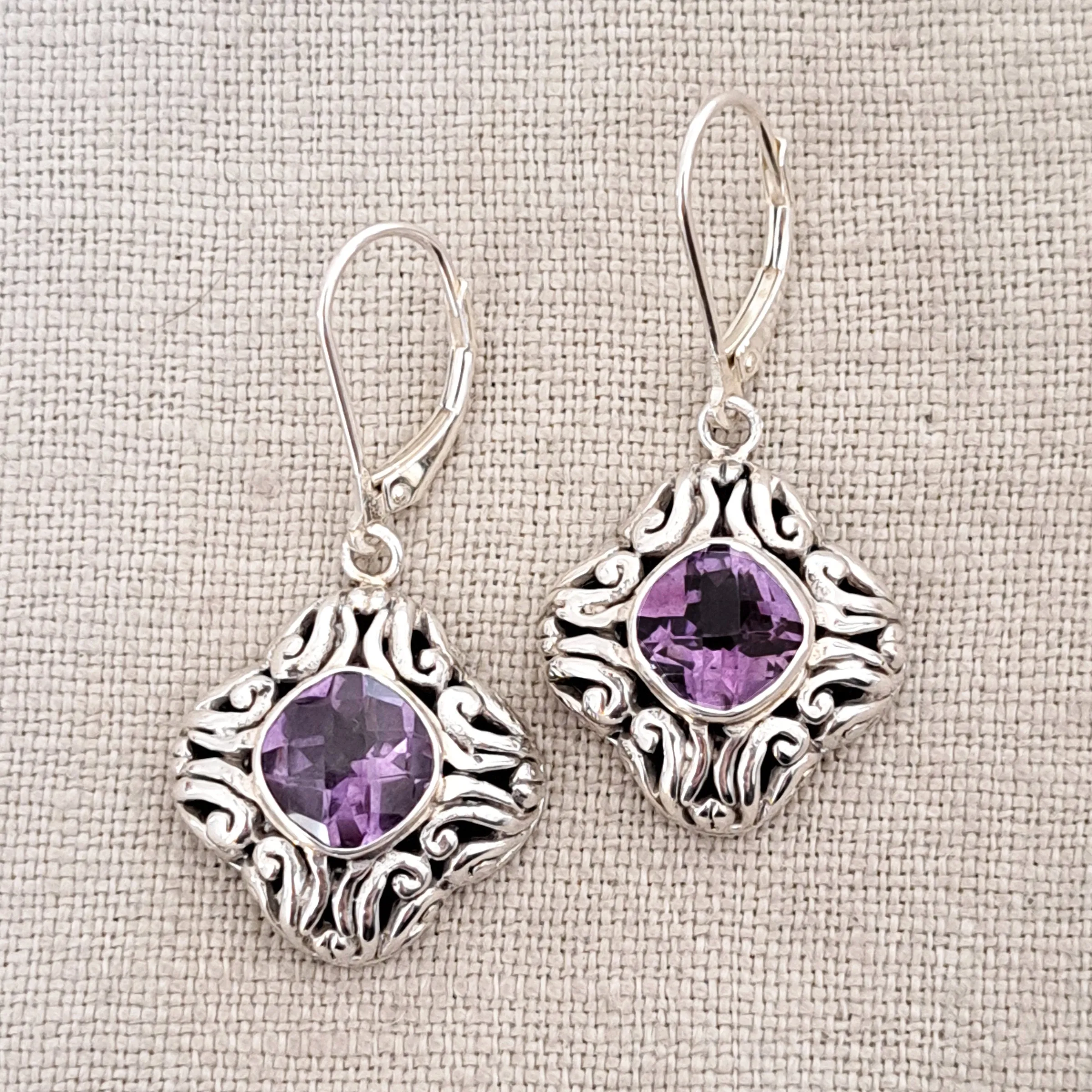 Amethyst Cushion Cut .925 Sterling Silver Earrings from Bali