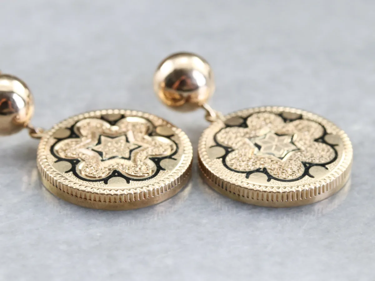 Antique Gold Black Enamel Drop Earrings