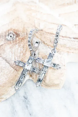 Baguette Cross Hoop Silvertone Earrings