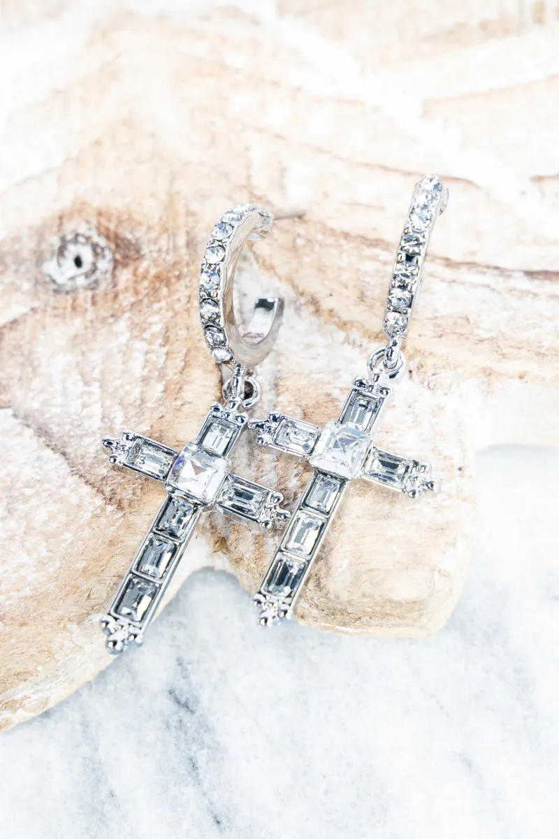 Baguette Cross Hoop Silvertone Earrings