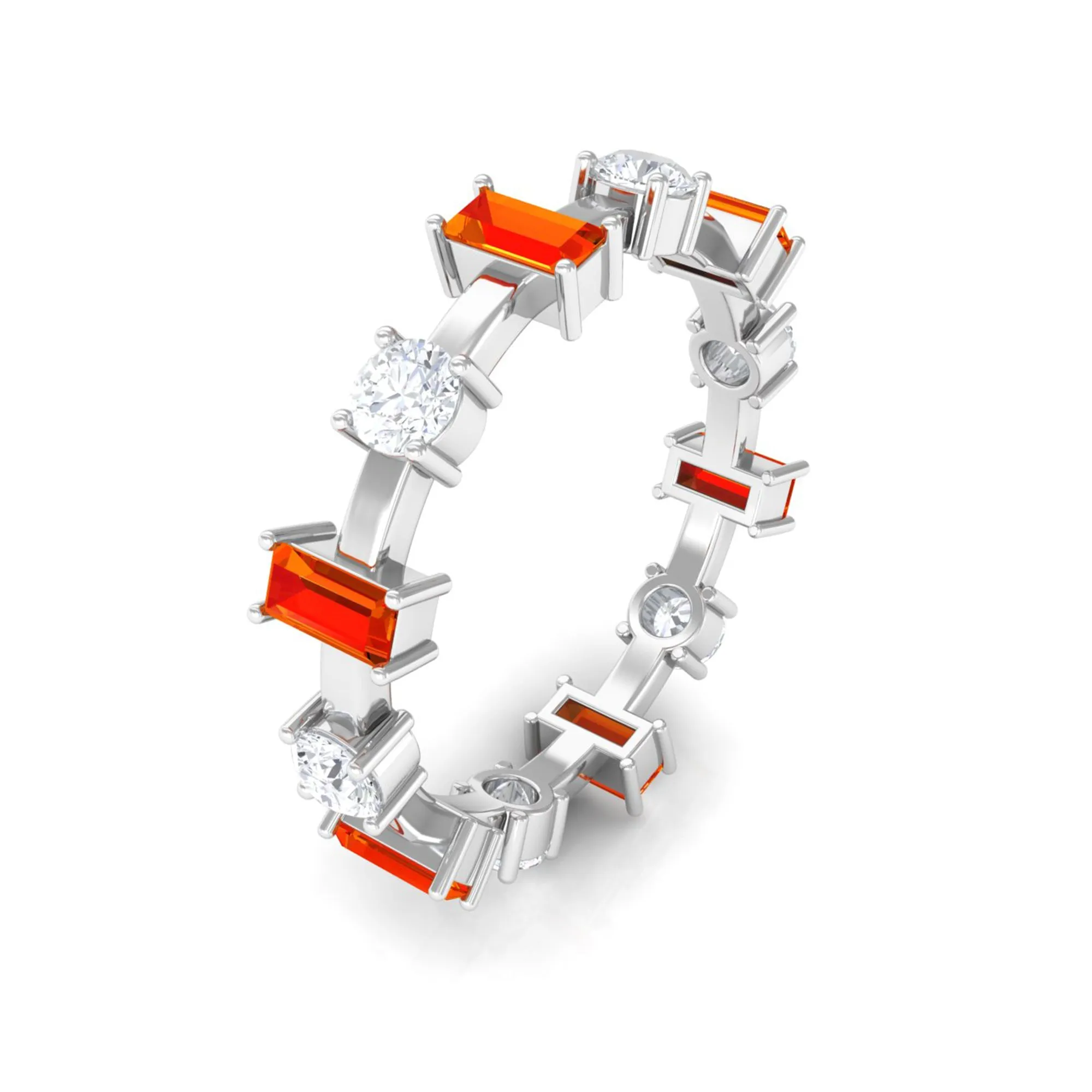 Baguette Cut Created Orange Sapphire Eternity Ring with Moissanite