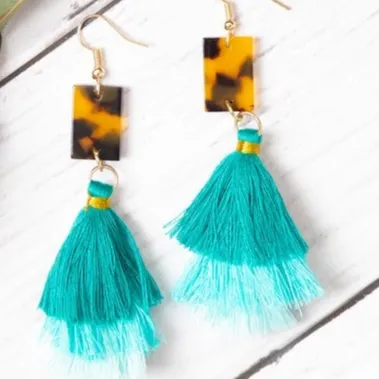 Beyond Precision Tassel Earrings with Leopard Accent with Ombre Aqua