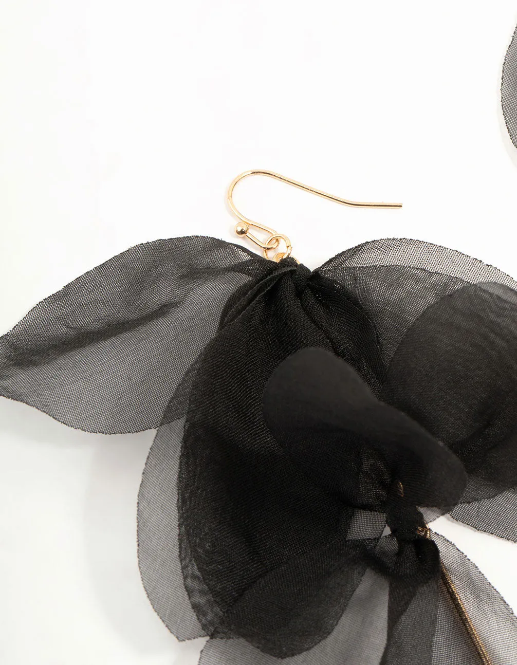 Black Chiffon Fabric Petal Leaf Drop Earrings
