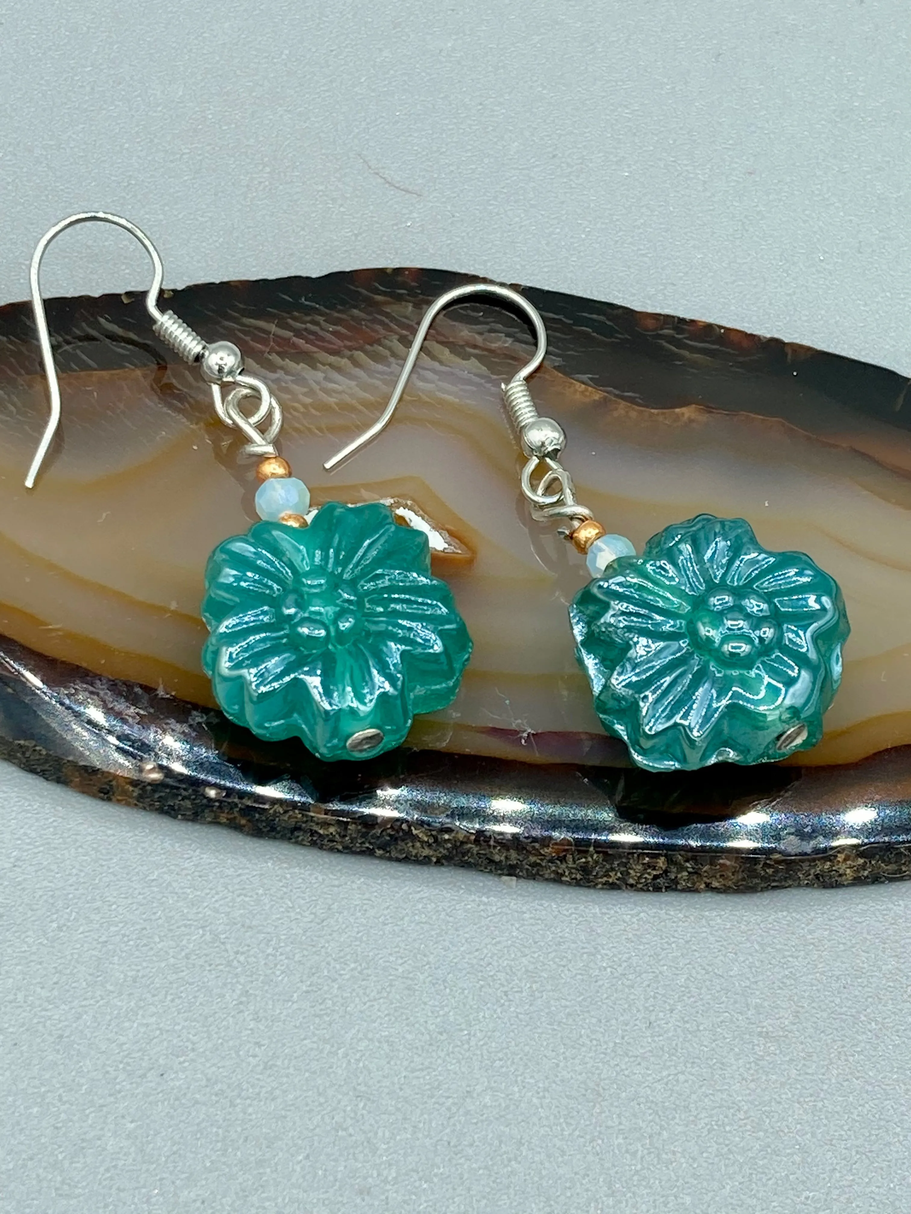 Blue-Green Floral Pressed Glass Beaded Earrings, Hippie Vibe, Shabby Chic, Boho Chic, Nature Inspired, Bohemian