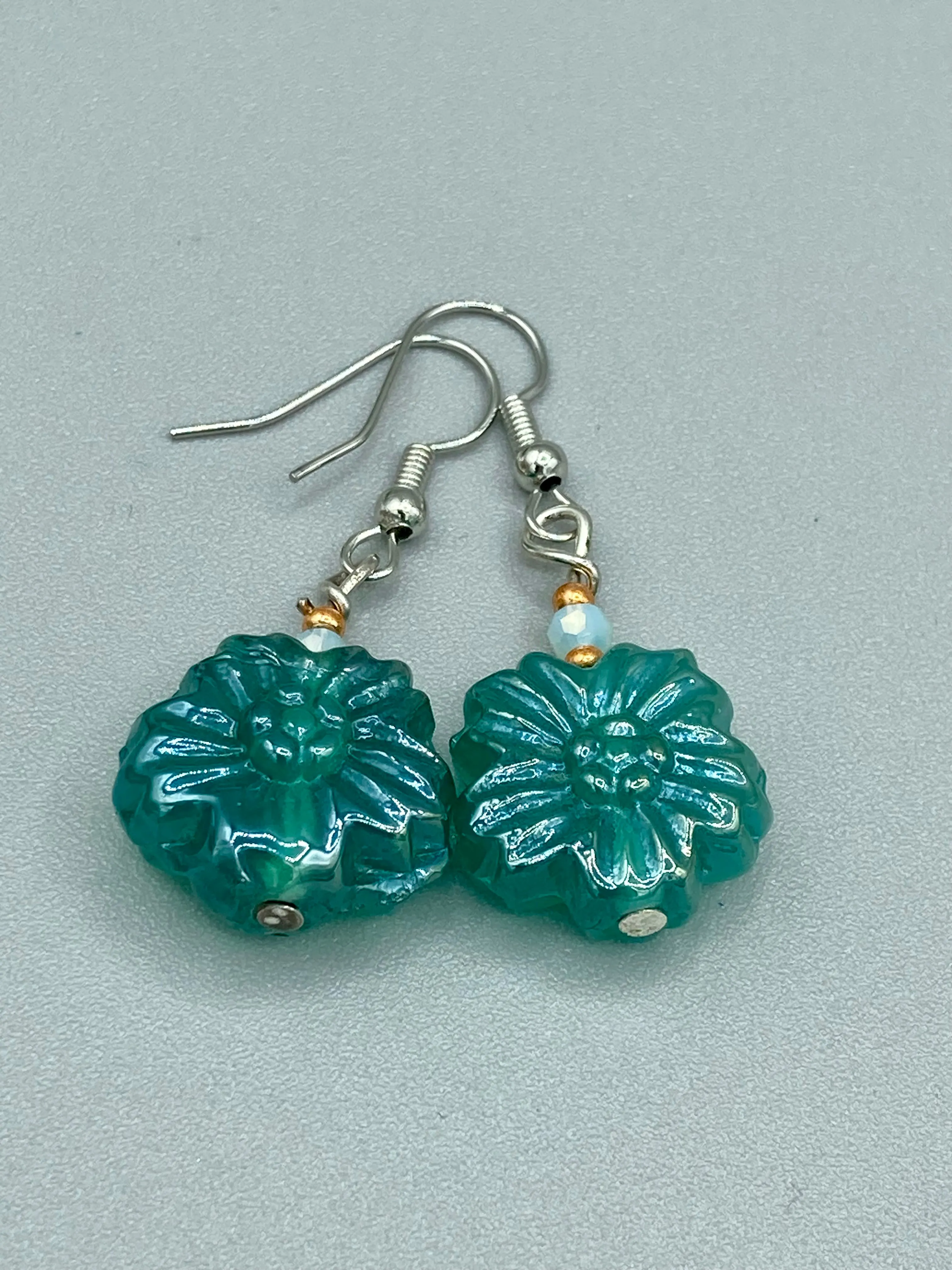 Blue-Green Floral Pressed Glass Beaded Earrings, Hippie Vibe, Shabby Chic, Boho Chic, Nature Inspired, Bohemian