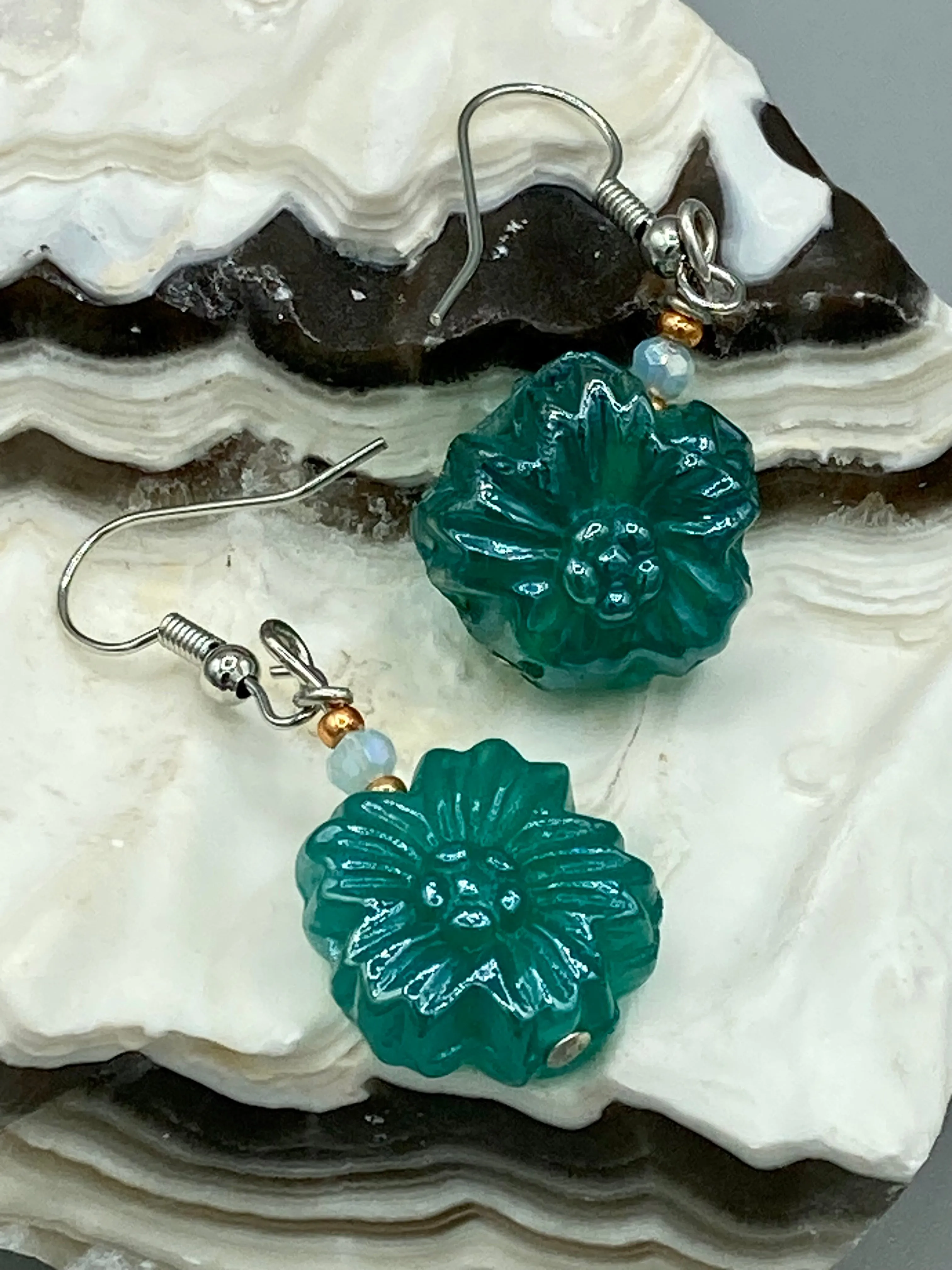 Blue-Green Floral Pressed Glass Beaded Earrings, Hippie Vibe, Shabby Chic, Boho Chic, Nature Inspired, Bohemian