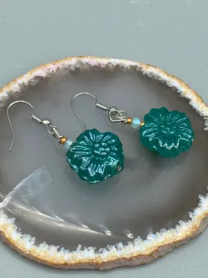 Blue-Green Floral Pressed Glass Beaded Earrings, Hippie Vibe, Shabby Chic, Boho Chic, Nature Inspired, Bohemian