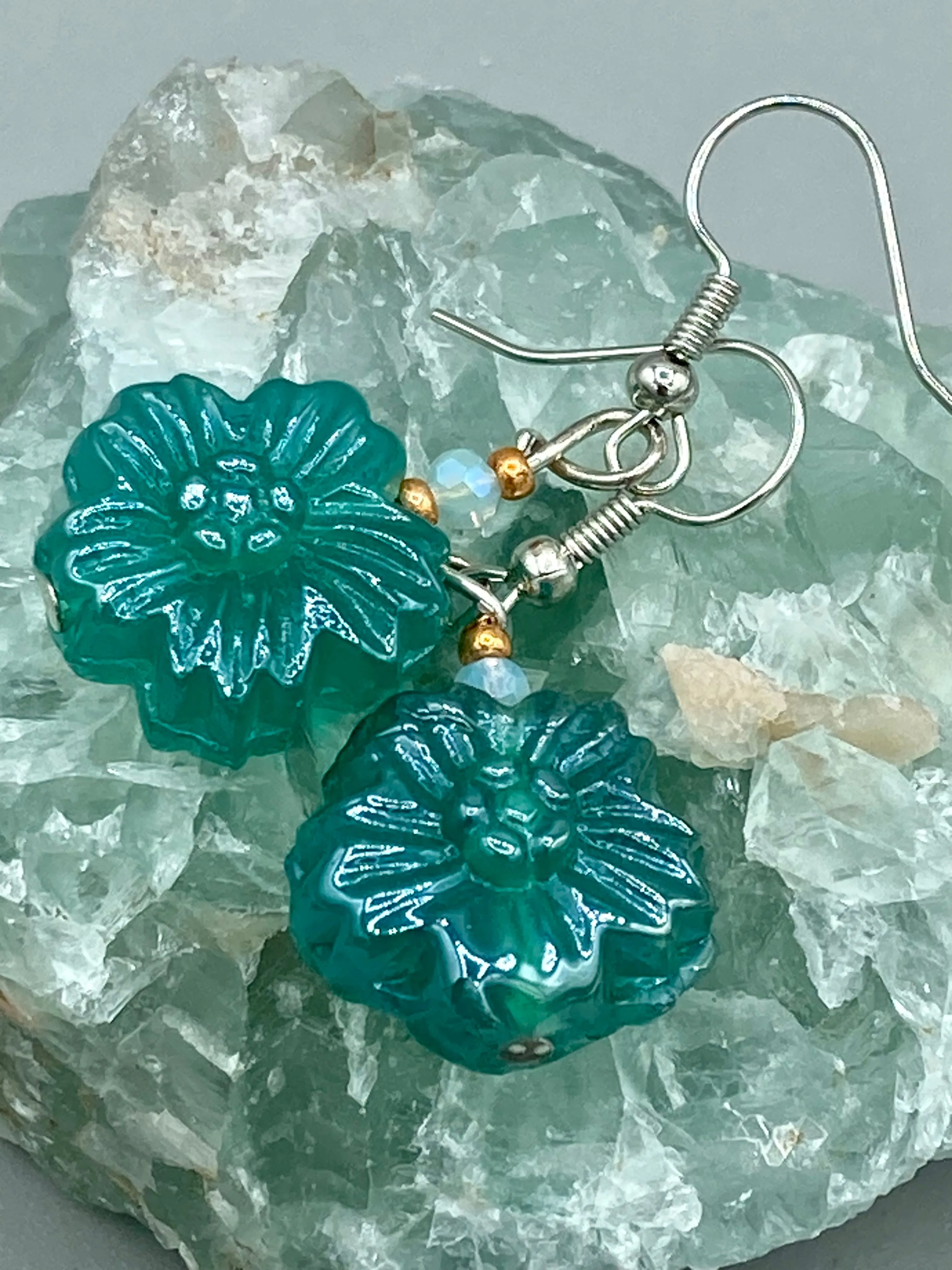 Blue-Green Floral Pressed Glass Beaded Earrings, Hippie Vibe, Shabby Chic, Boho Chic, Nature Inspired, Bohemian