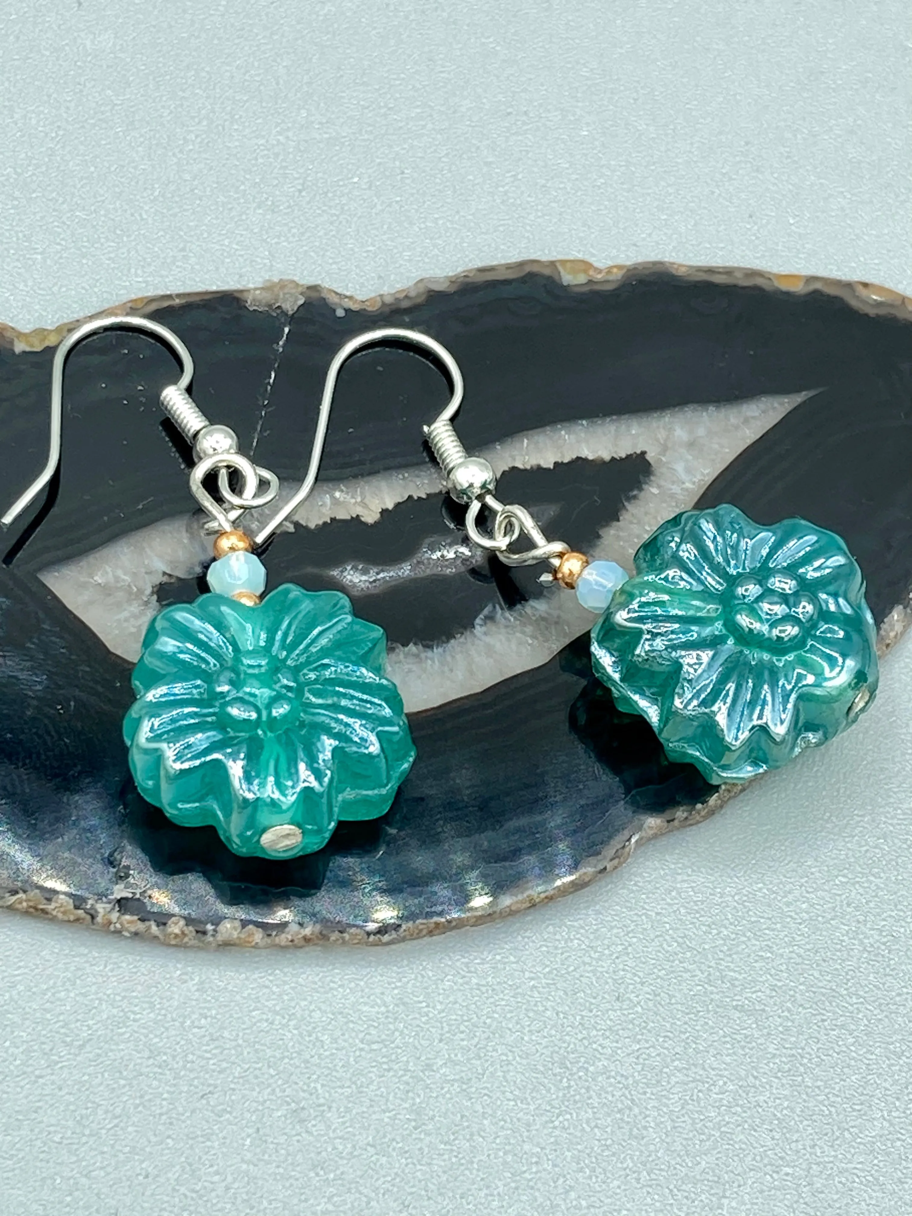 Blue-Green Floral Pressed Glass Beaded Earrings, Hippie Vibe, Shabby Chic, Boho Chic, Nature Inspired, Bohemian