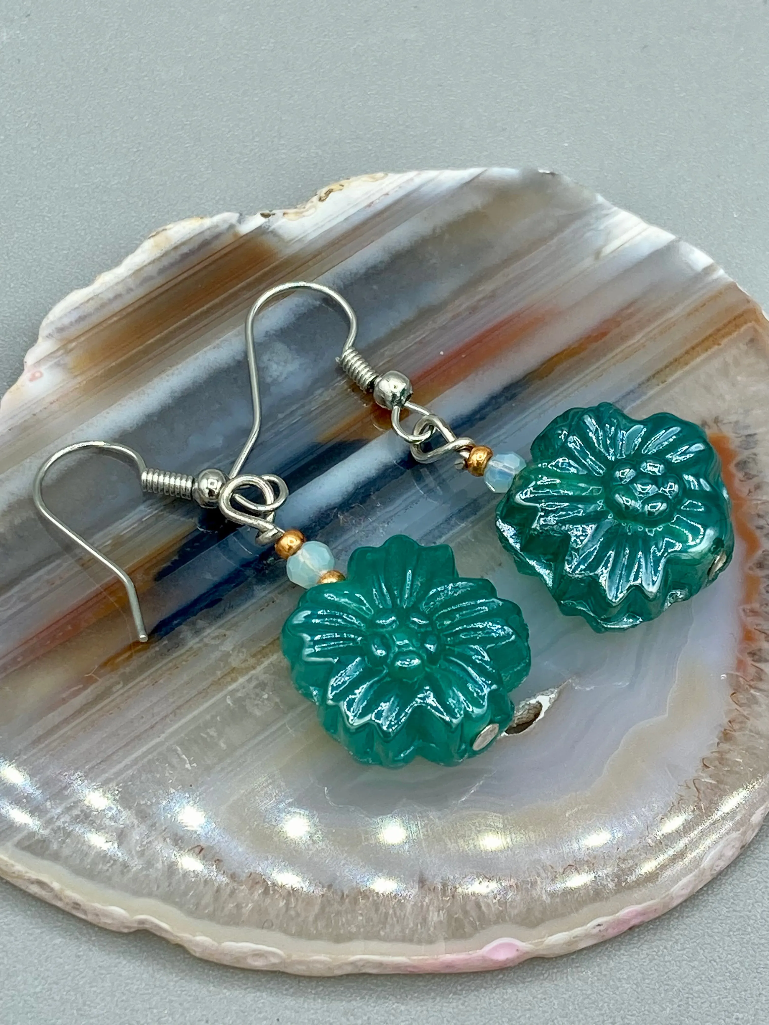 Blue-Green Floral Pressed Glass Beaded Earrings, Hippie Vibe, Shabby Chic, Boho Chic, Nature Inspired, Bohemian
