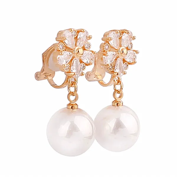Chic CZ and Pearl Star Flower Women Clip On Earrings