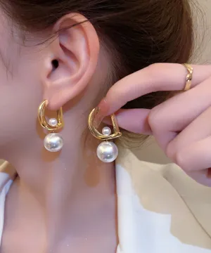 Chic Gold Sterling Silver Alloy Pearl Letter Drop Earrings