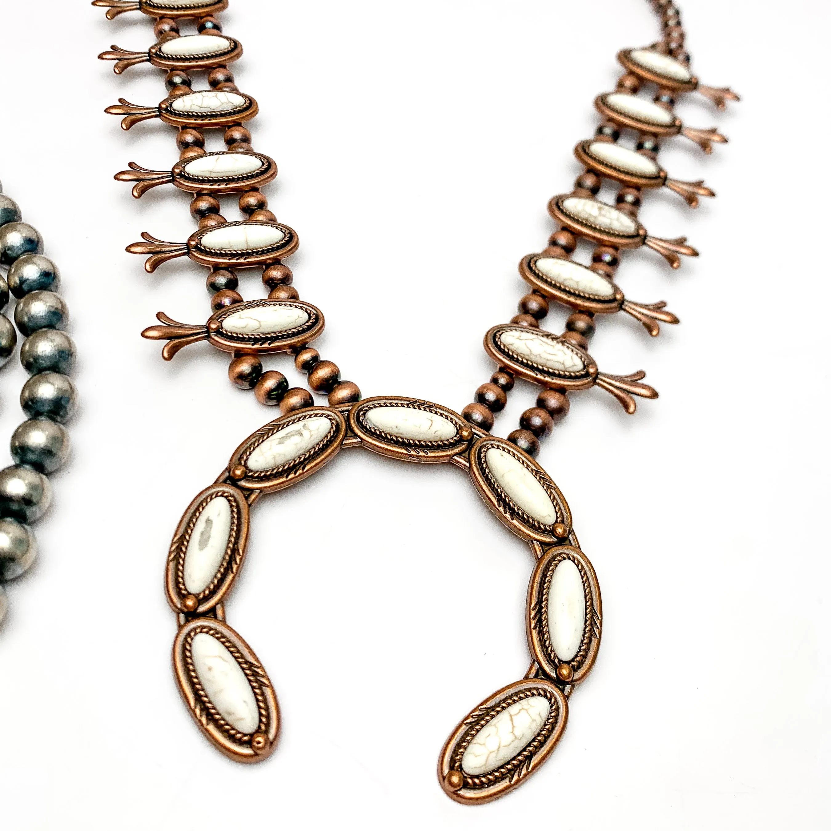 Copper Tone Pearl Squash Blossom Necklace With Stones in Ivory