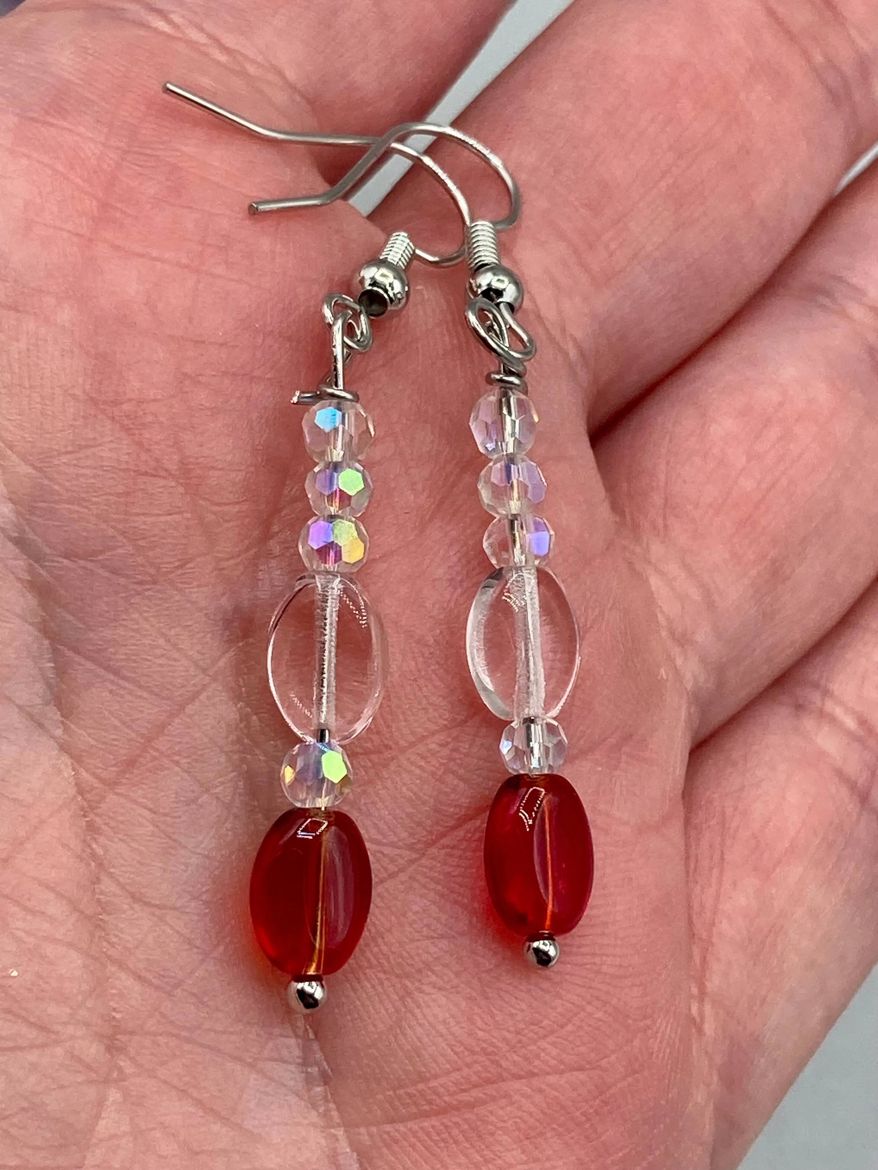 Dainty Light Pink And Ruby Red Beaded Earrings, Shabby Chic, Boho Chic