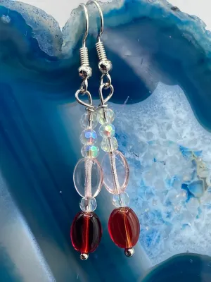 Dainty Light Pink And Ruby Red Beaded Earrings, Shabby Chic, Boho Chic
