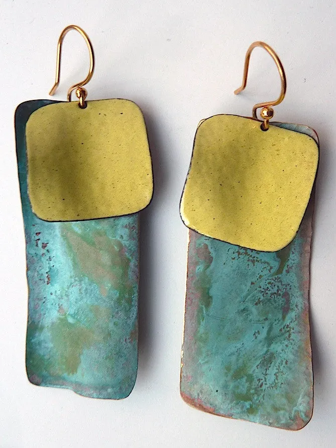 Earrings Dogtag In Patina And Copper Yellow And Burnt Orange