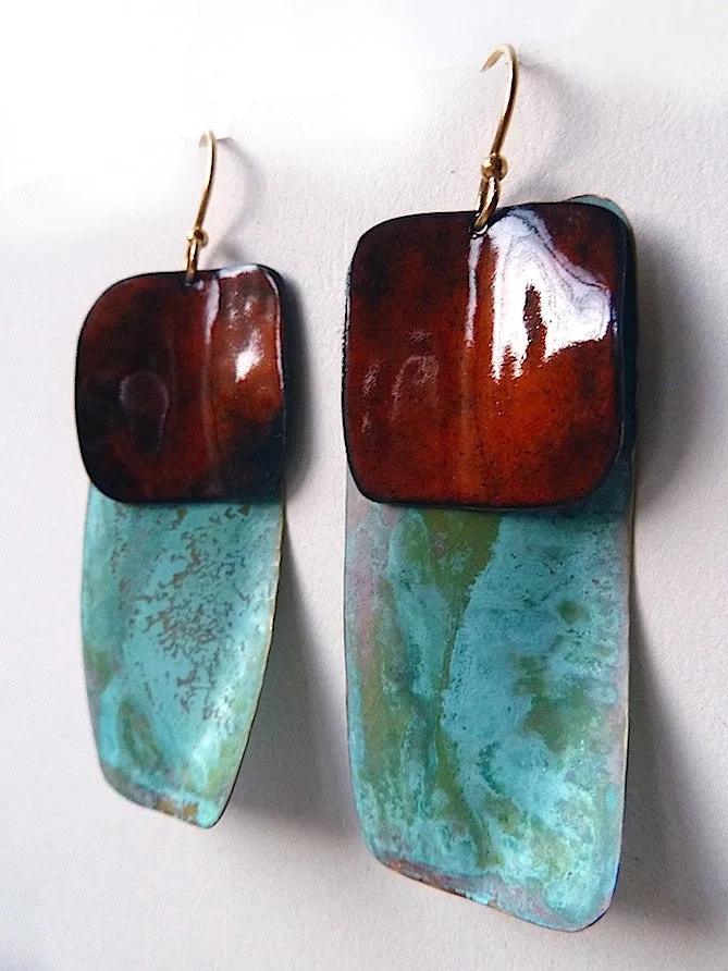 Earrings Dogtag In Patina And Copper Yellow And Burnt Orange