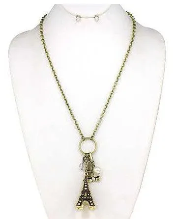 Eiffel Tower Paris Theme 36" Necklace with Pearl & Bow Ribbon by Jewelry Nexus