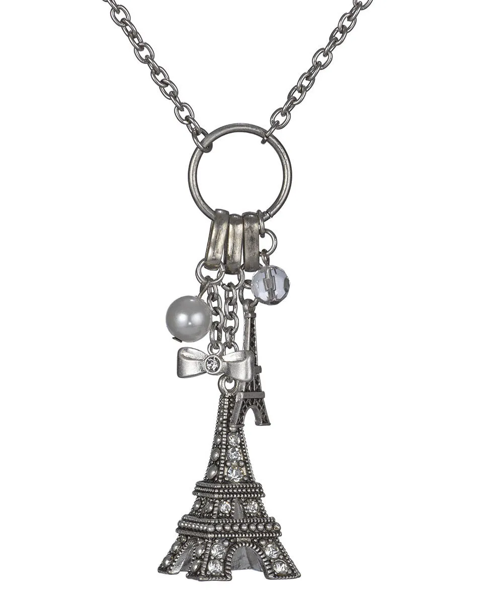 Eiffel Tower Paris Theme 36" Necklace with Pearl & Bow Ribbon by Jewelry Nexus