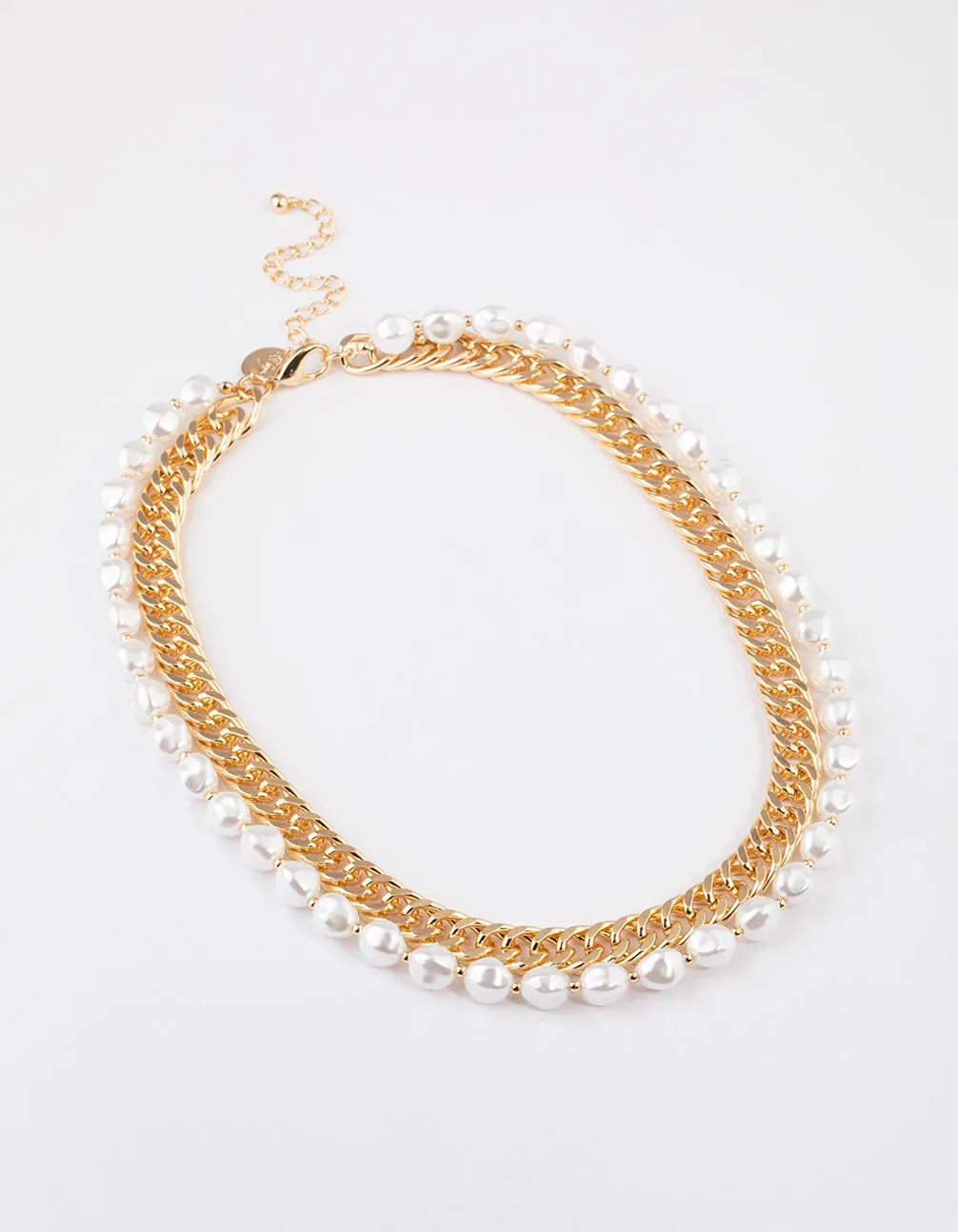 Gold Chain Pearl Double Row Necklace