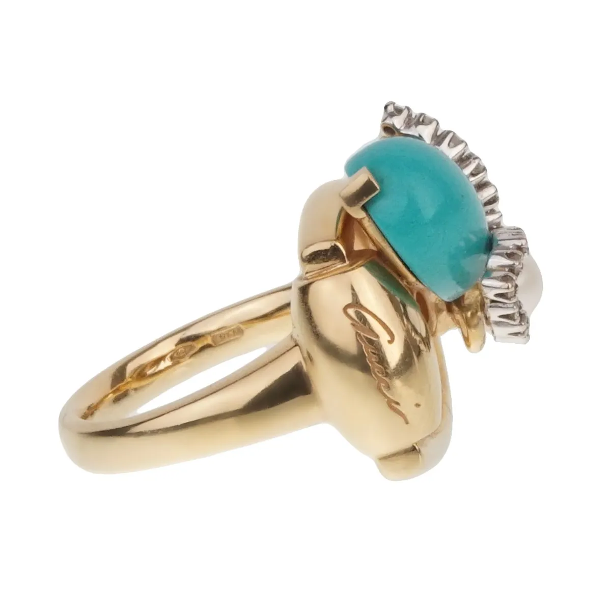 Gucci Diamond Horsebit Turquoise Pearl Yellow Gold Ring