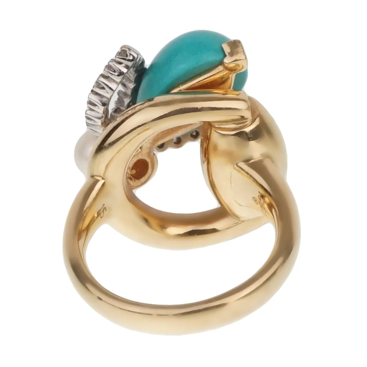 Gucci Diamond Horsebit Turquoise Pearl Yellow Gold Ring