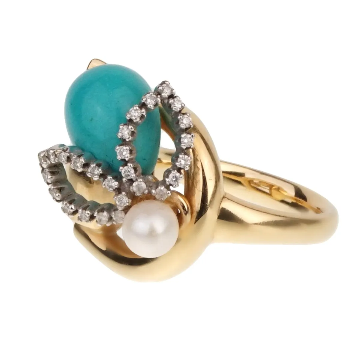 Gucci Diamond Horsebit Turquoise Pearl Yellow Gold Ring