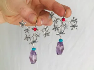 Hand Cast Amethyst Earrings. Sterling Silver. Mexico. Frida Kahlo